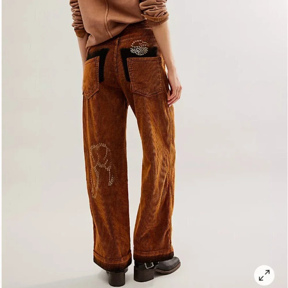 NWT Mundaka Free People Studded Corduroy Jeans Brown Sz 8/L